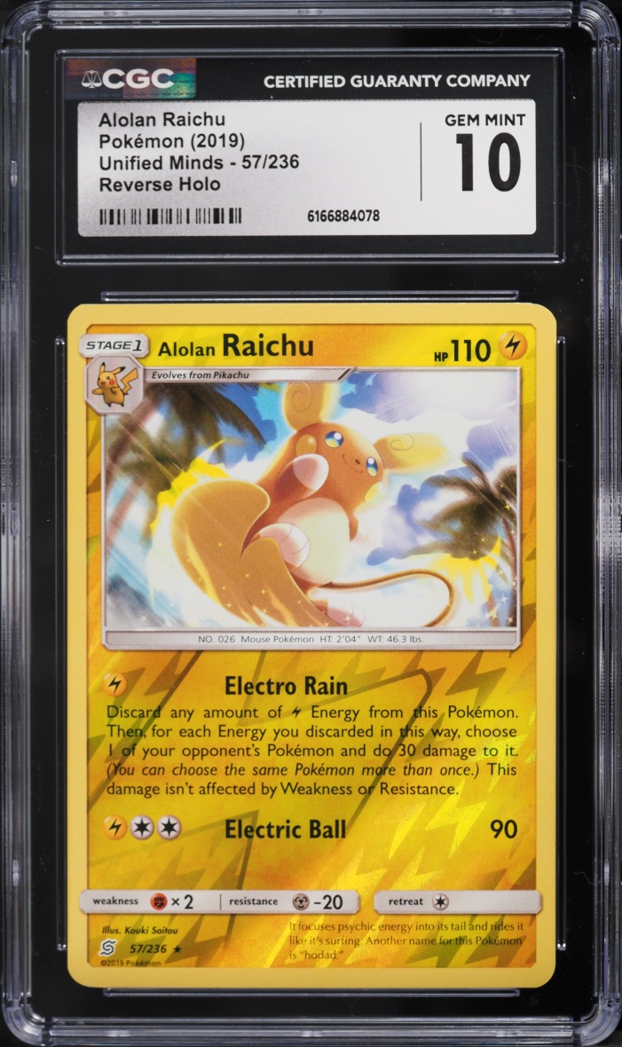 2019 Pokemon Sun & Moon Unified Minds Reverse Holo Alolan Raichu #57 CGC 10 GEM MINT