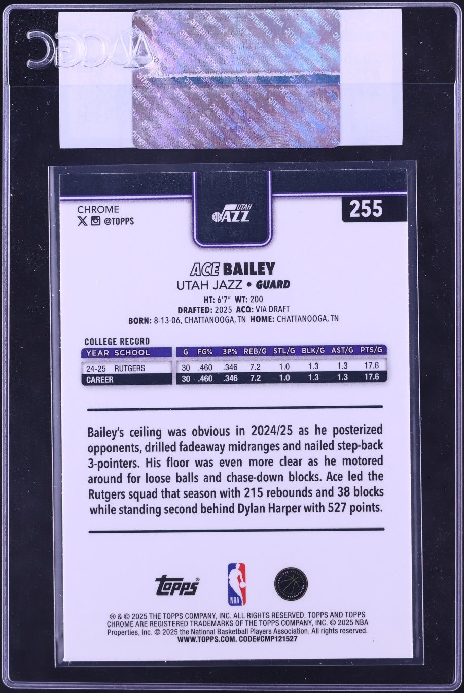 2025 Topps Chrome Xfractor Ace Bailey ROOKIE #255 CGC AUTH