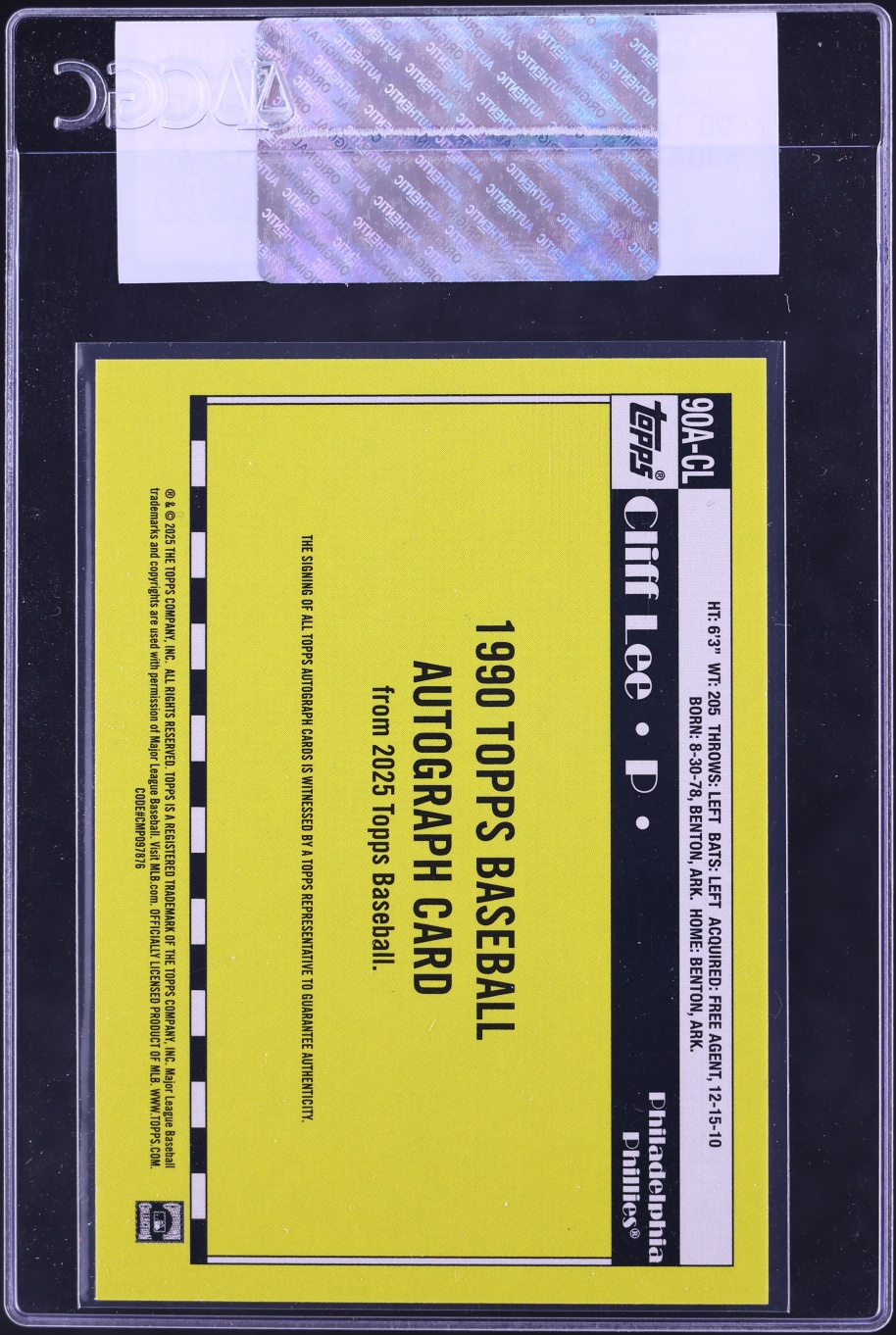 2025 Topps '90 Cliff Lee AUTO #90A-CL CGC AUTH