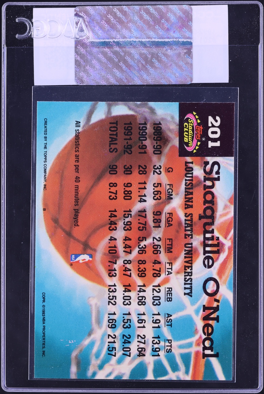 1992 Stadium Club Basketball Shaquille O'Neal ROOKIE #201 CGC AUTH