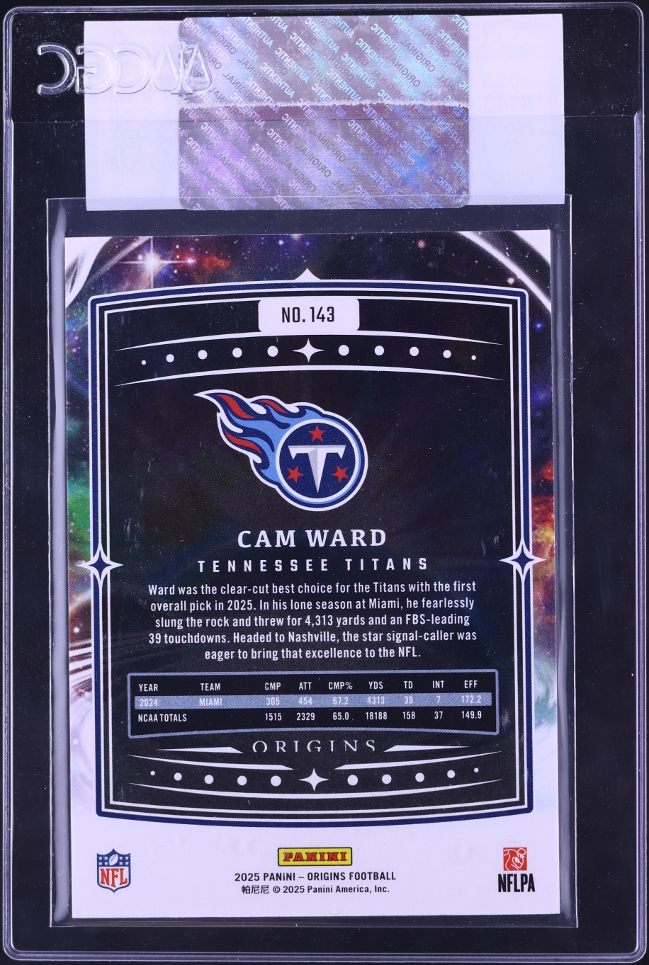 2025 Panini Origins Holo Orange Cam Ward ROOKIE /249 #143 CGC AUTH