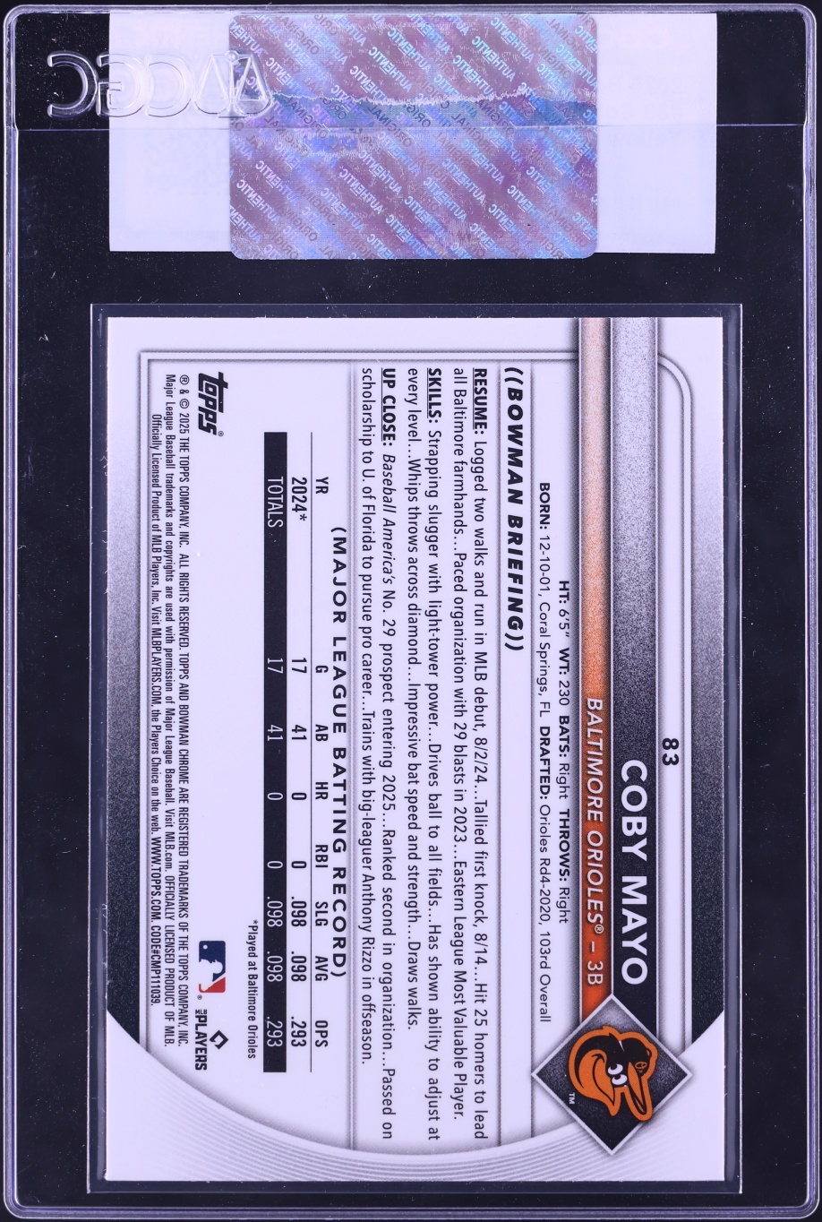 2025 Bowman Chrome Mega Box Yellow Coby Mayo ROOKIE /75 #83 CGC AUTH