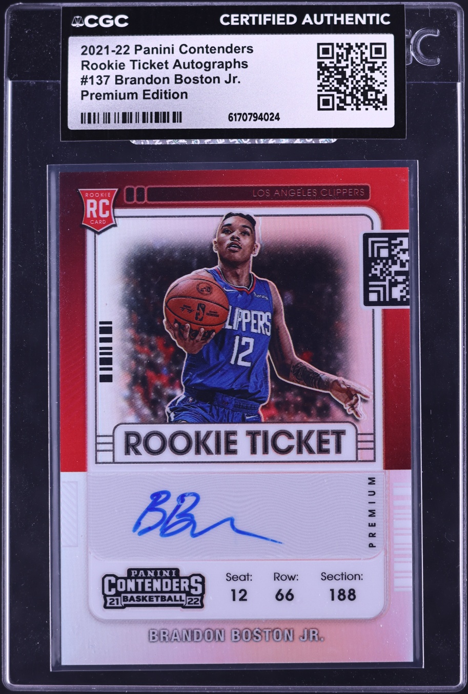 2021 Panini Contenders Ticket Premium Edition Brandon Boston Jr. ROOKIE AUTO #137 CGC AUTH