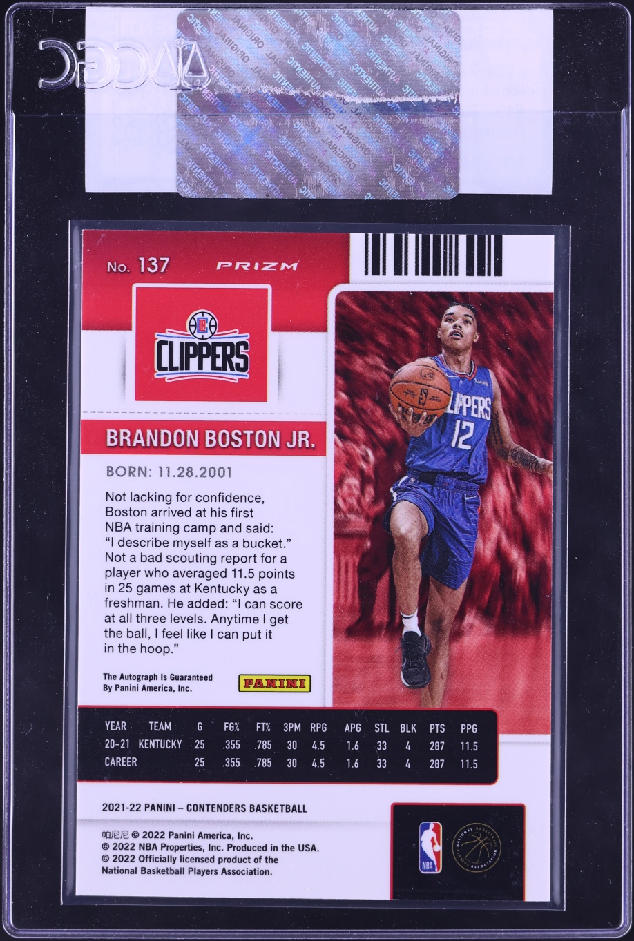 2021 Panini Contenders Ticket Premium Edition Brandon Boston Jr. ROOKIE AUTO #137 CGC AUTH