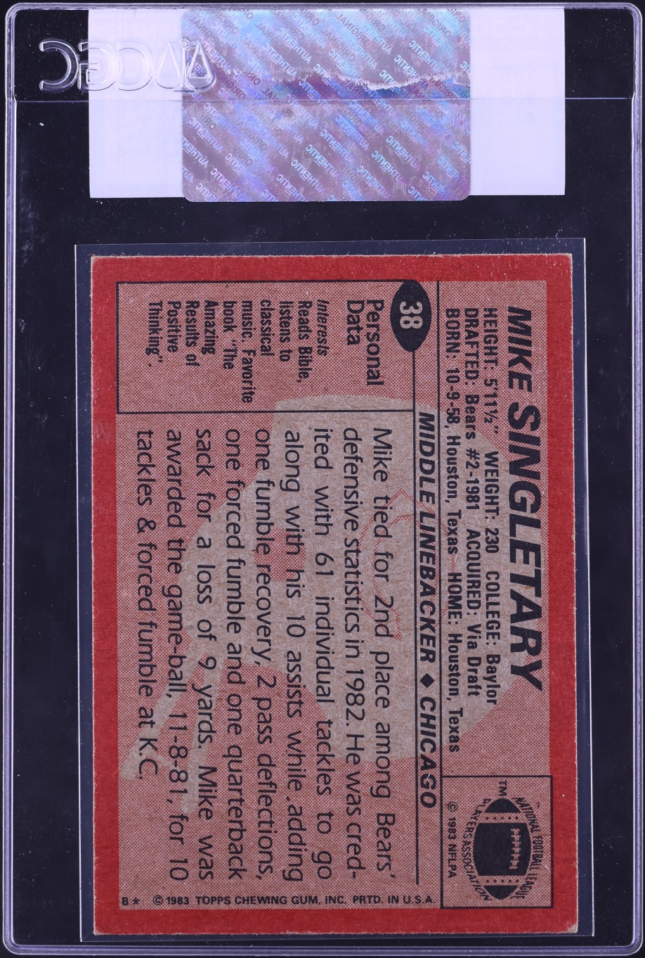 1983 Topps Football Mike Singletary ROOKIE #38 CGC ALTERED AUTH