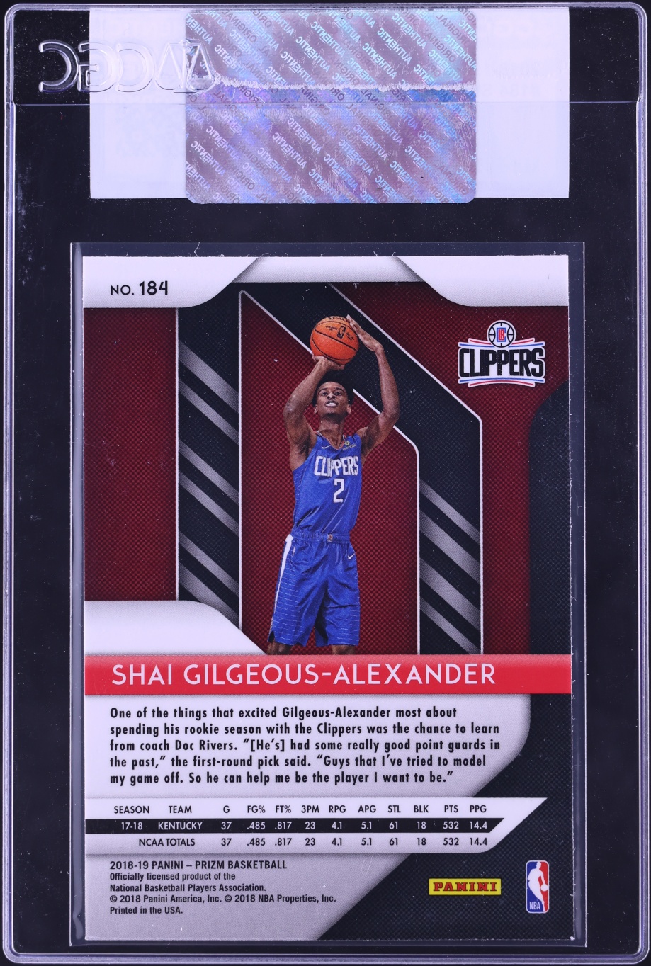 2018 Panini Prizm Shai Gilgeous-Alexander ROOKIE #184 CGC AUTH