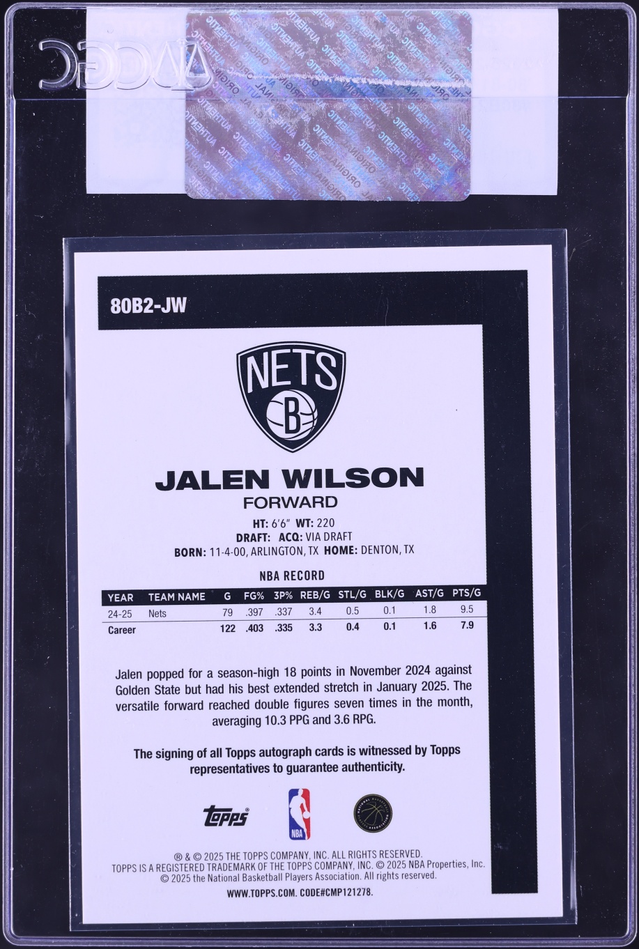 2025 Topps '80 Jalen Wilson AUTO #80B2-JW CGC AUTH
