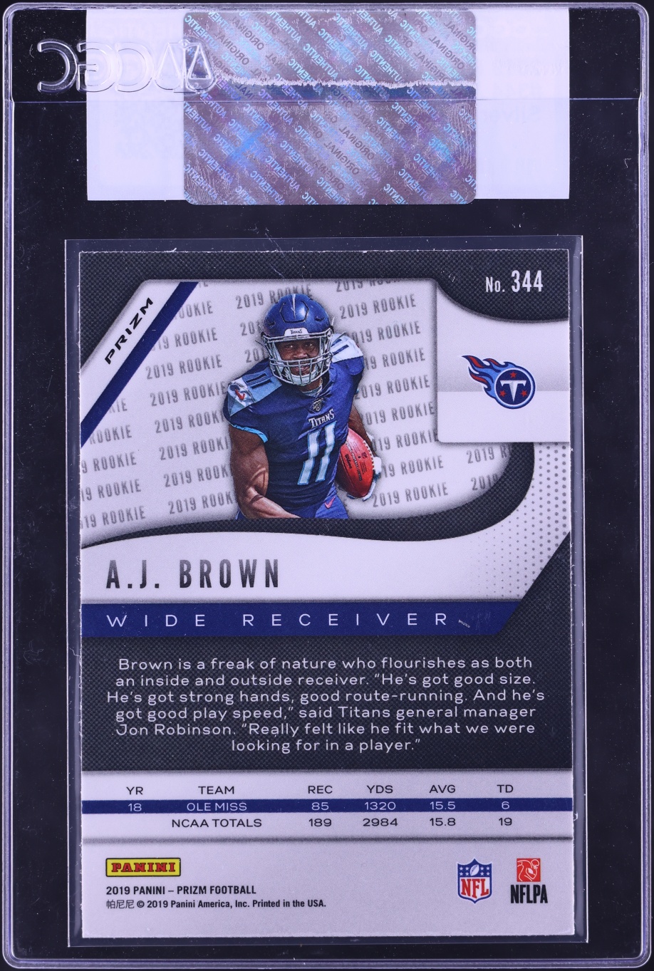 2019 Panini Prizm Silver A.J. Brown ROOKIE #344 CGC AUTH