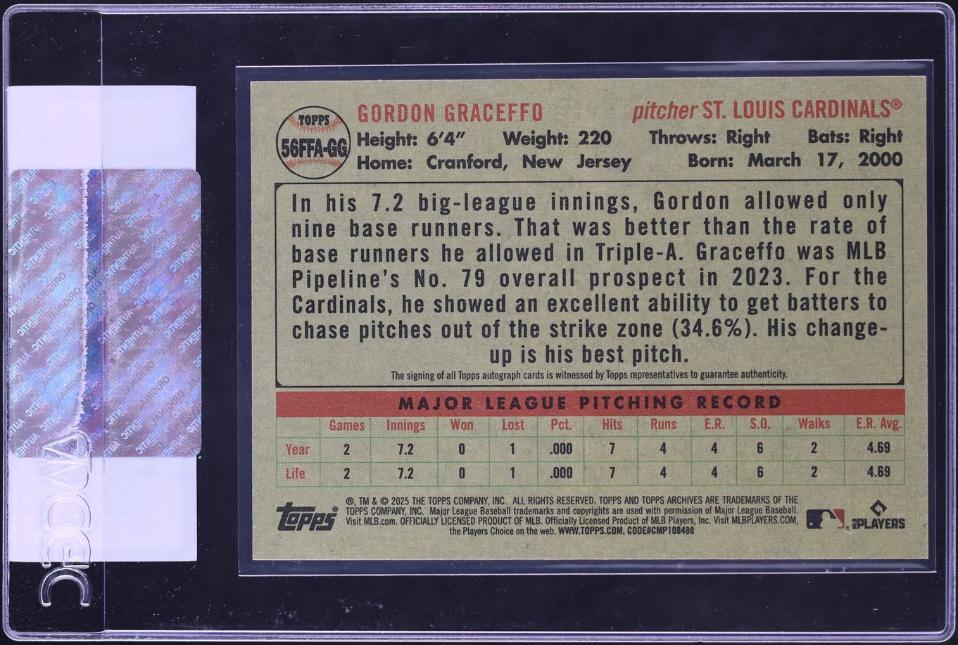 2025 Topps Archives '56 Fan Favorites Gordon Graceffo ROOKIE AUTO #56FFA-GG CGC AUTH