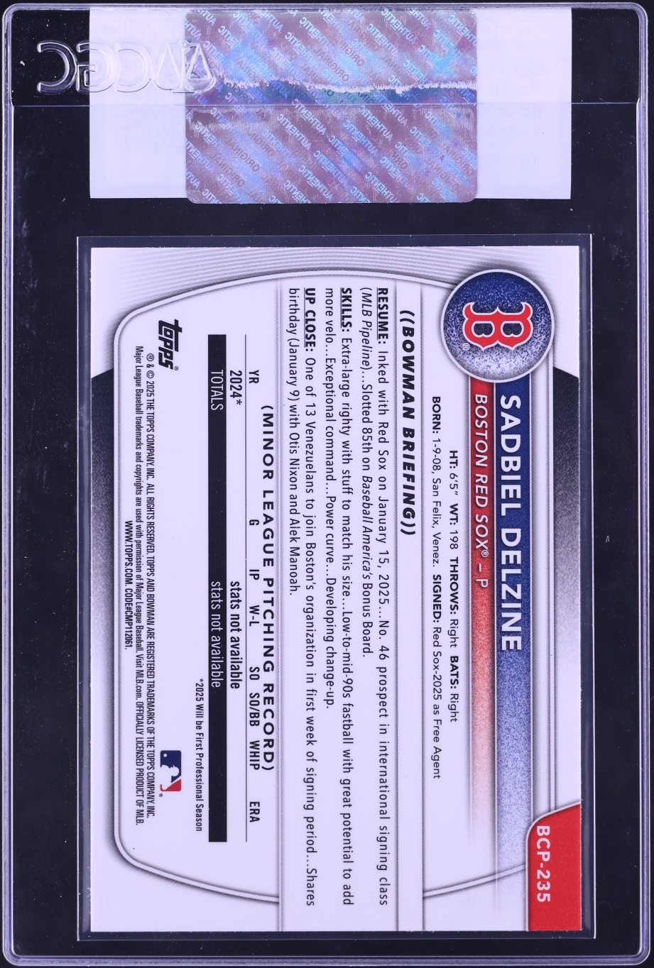 2025 Bowman Chrome Yellow Wave Refractor Sadbiel Delzine PROSPECT /75 #BCP-235 CGC AUTH