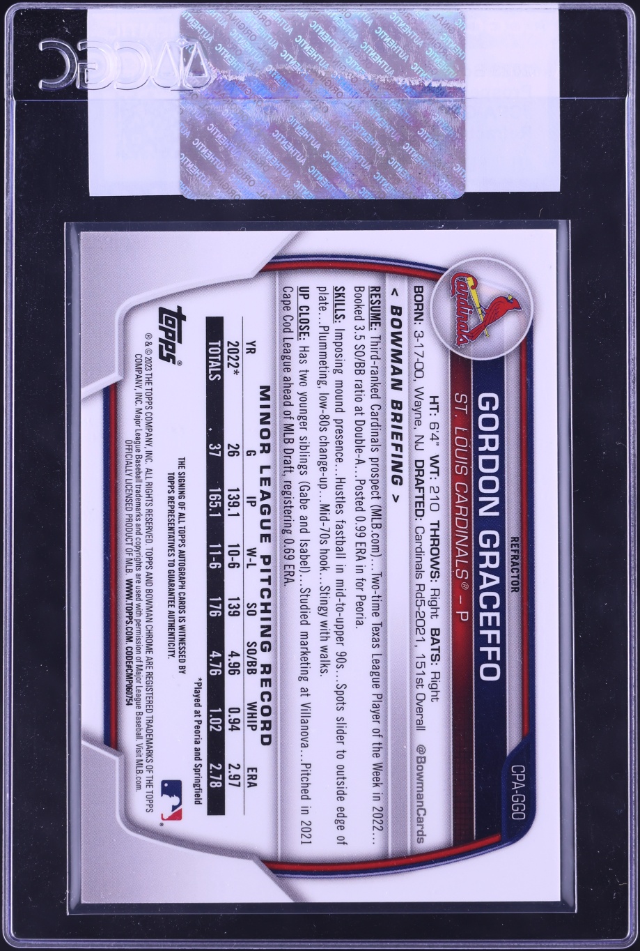 2023 Bowman Chrome Refractor Gordon Graceffo PROSPECT AUTO /499 #CPA-GGO CGC AUTH