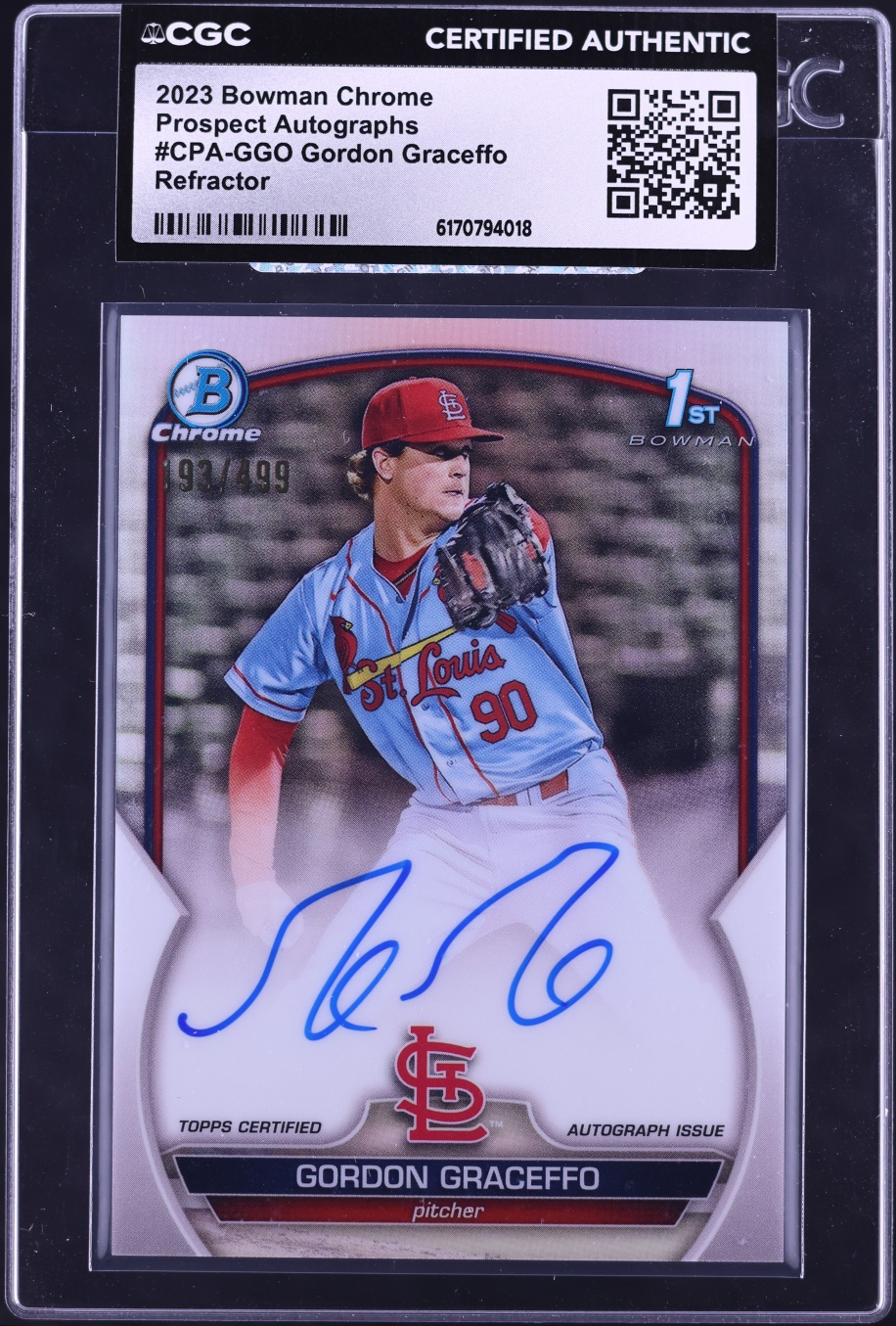 2023 Bowman Chrome Refractor Gordon Graceffo PROSPECT AUTO /499 #CPA-GGO CGC AUTH