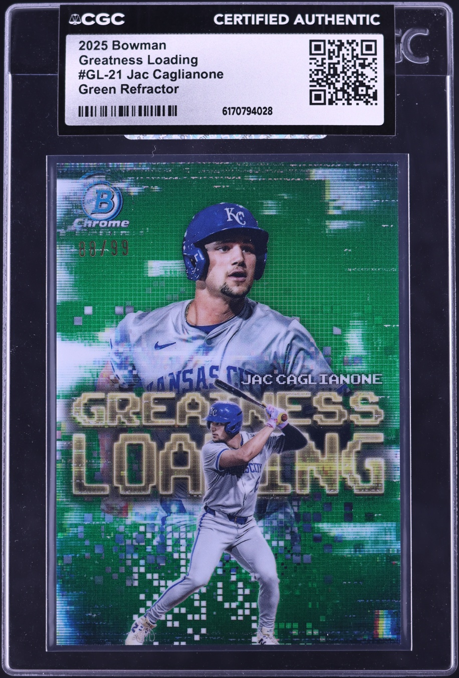 2025 Bowman Chrome Greatness Loading Green Refractor Jac Caglianone PROSPECT /99 #GL21 CGC AUTH