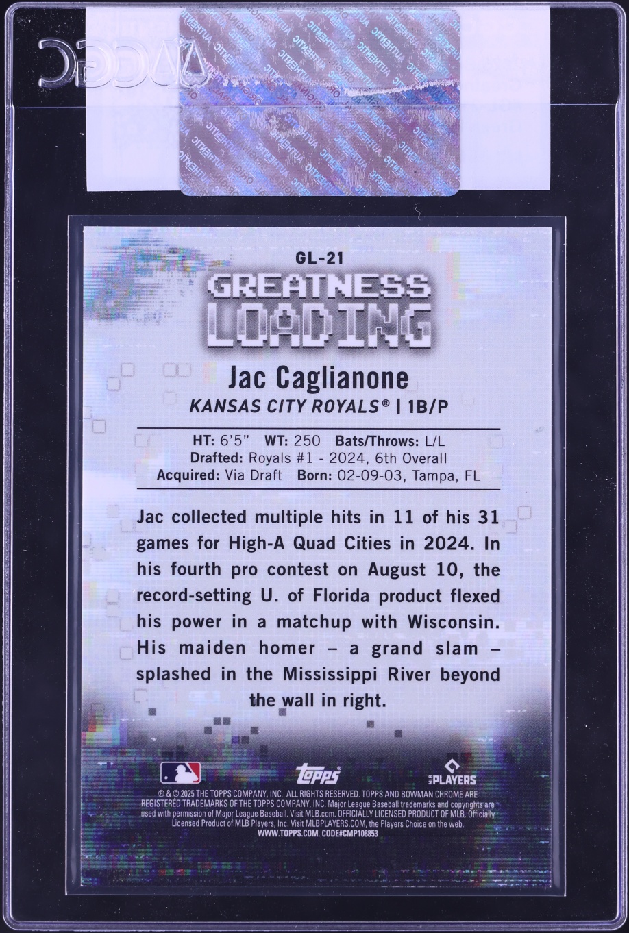 2025 Bowman Chrome Greatness Loading Green Refractor Jac Caglianone PROSPECT /99 #GL21 CGC AUTH