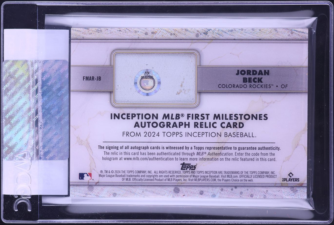 2024 Topps Inception First Milestones Jordan Beck ROOKIE PATCH AUTO /99 #FMAR-JB CGC AUTH