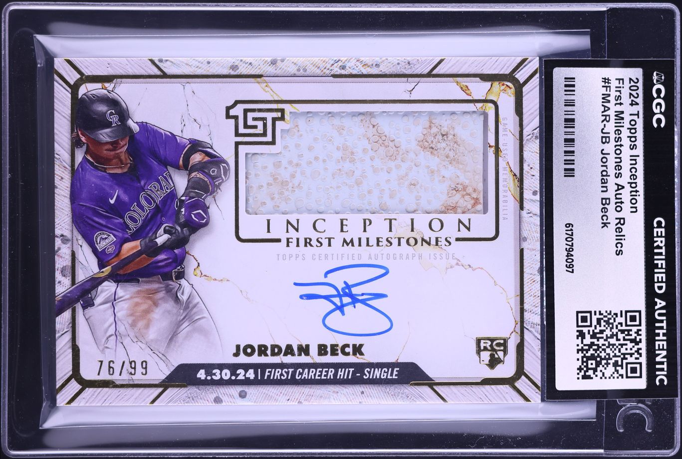 2024 Topps Inception First Milestones Jordan Beck ROOKIE PATCH AUTO /99 #FMAR-JB CGC AUTH