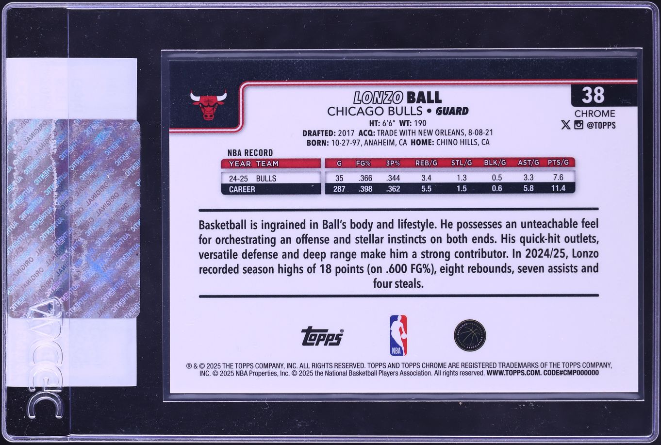 2025 Topps Chrome Gold Wave Refractor Lonzo Ball /50 #38 CGC AUTH