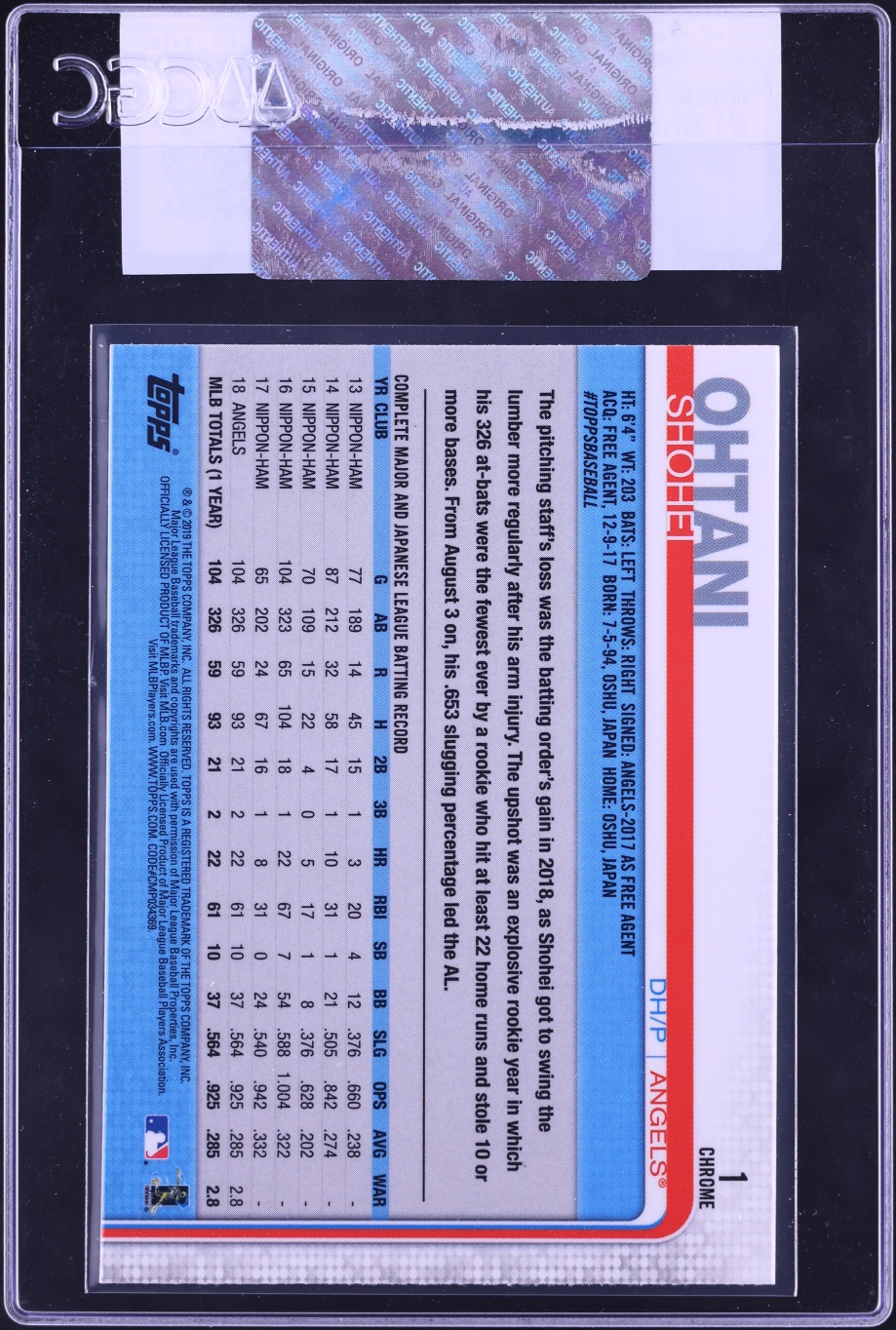 2019 Topps Chrome Shohei Ohtani #1 CGC AUTH