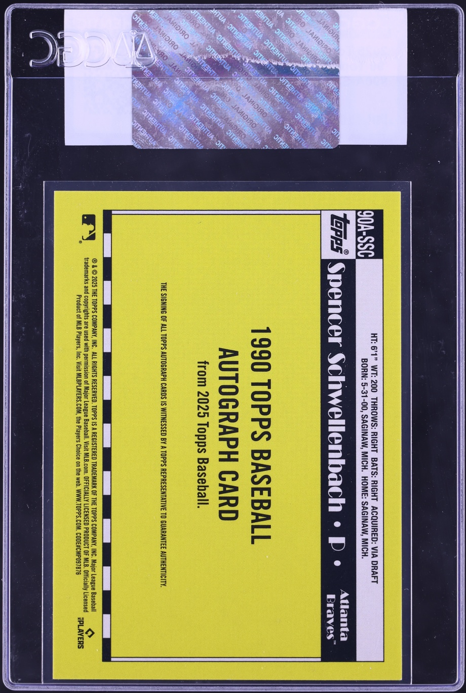 2025 Topps '90 Spencer Schwellenbach ROOKIE AUTO #90A-SSC CGC AUTH