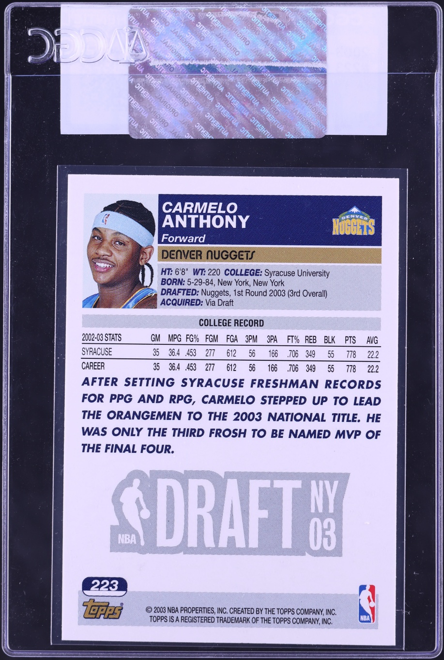 2003 Topps Basketball Carmelo Anthony ROOKIE #223 CGC AUTH
