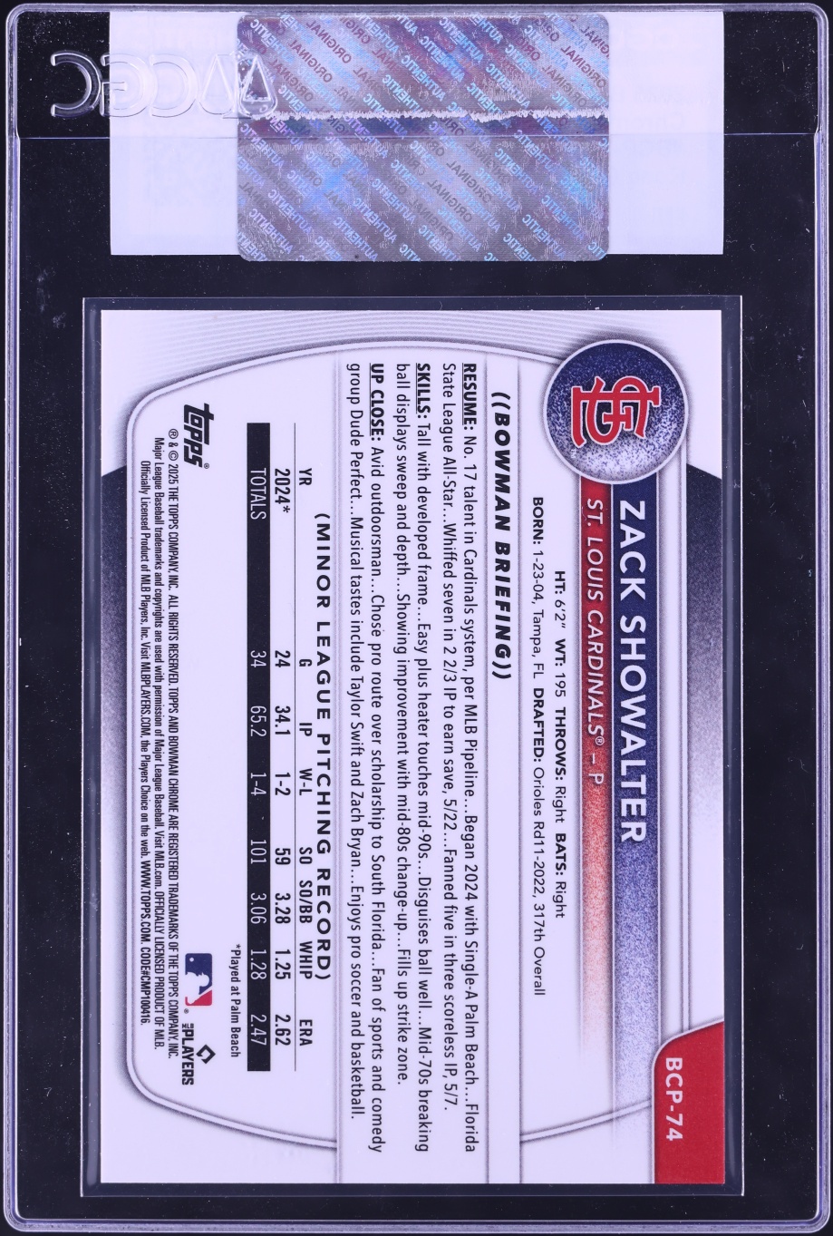 2025 Bowman Chrome Rose Gold Refractor Zack Showalter PROSPECT /15 #BCP-74 CGC AUTH