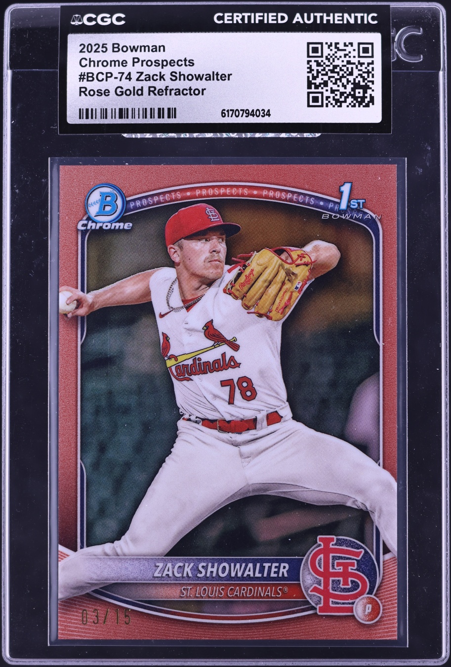 2025 Bowman Chrome Rose Gold Refractor Zack Showalter PROSPECT /15 #BCP-74 CGC AUTH
