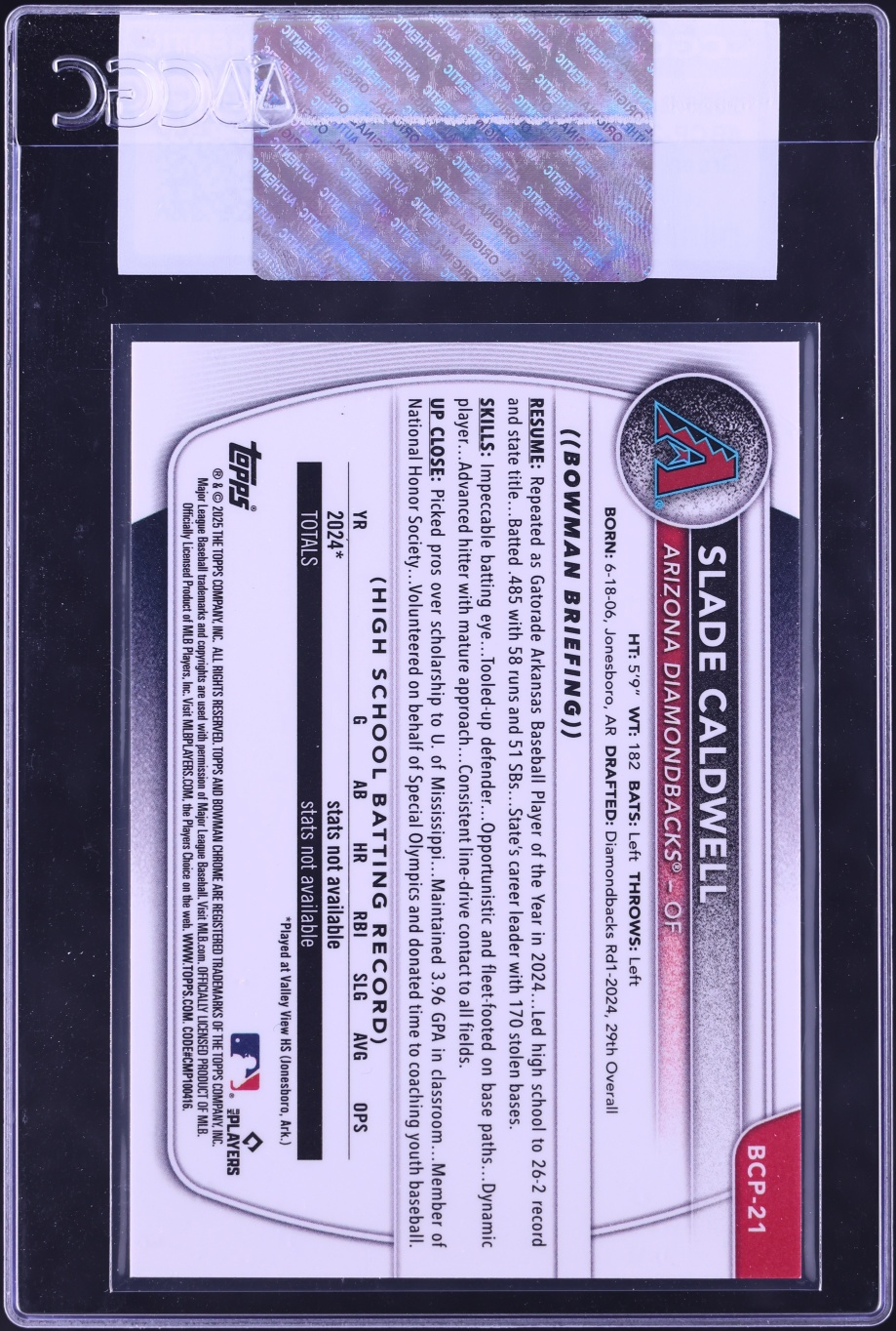 2025 Bowman Chrome Sapphire Green Slade Caldwell PROSPECT /99 #BCP-21 CGC AUTH