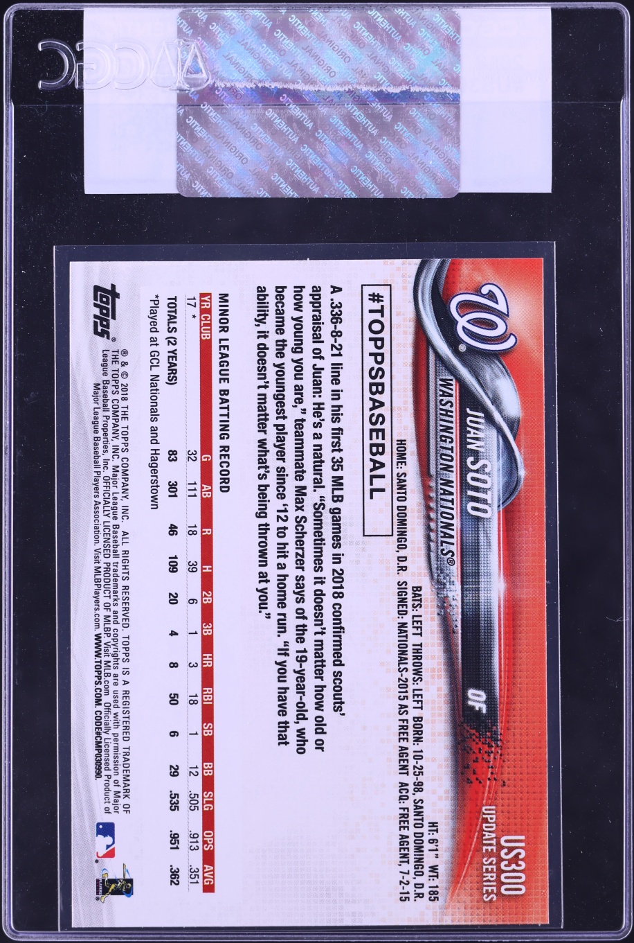 2018 Topps Update Juan Soto ROOKIE #US300 CGC AUTH