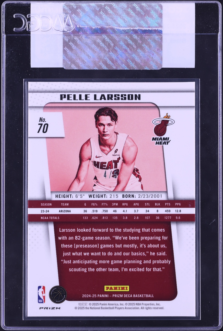 2024 Panini Prizm Deca Black Gold Pelle Larsson ROOKIE #70 CGC AUTH