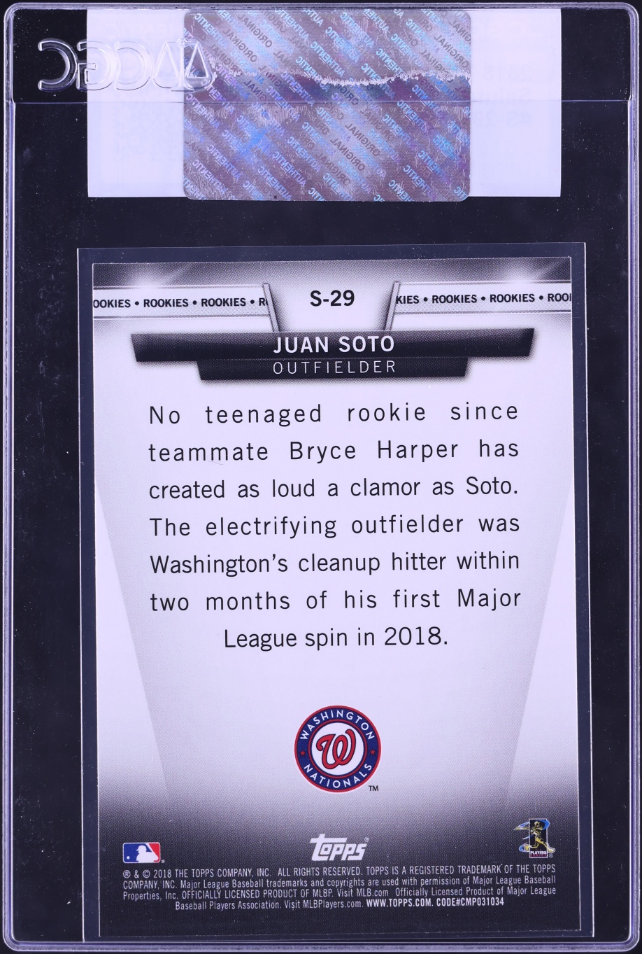 2018 Topps Update Salute Juan Soto ROOKIE #S-29 CGC AUTH