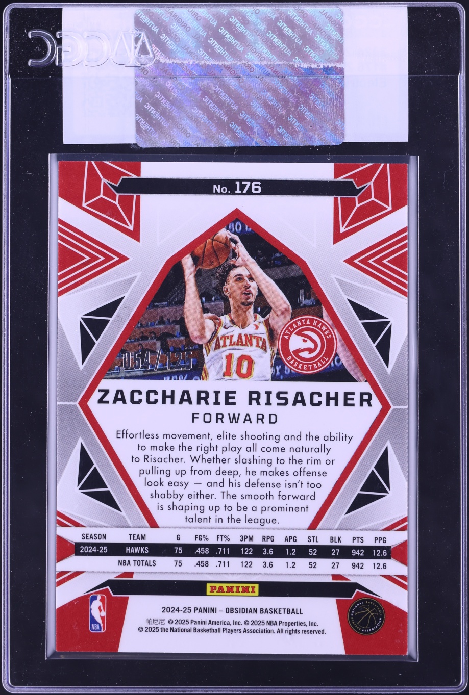 2024 Panini Obsidian Electric Etch Orange Flood Zaccharie Risacher ROOKIE /125 #176 CGC AUTH