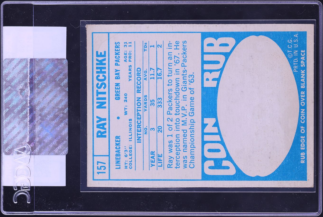 1968 Topps Football Ray Nitschke #157 CGC AUTH