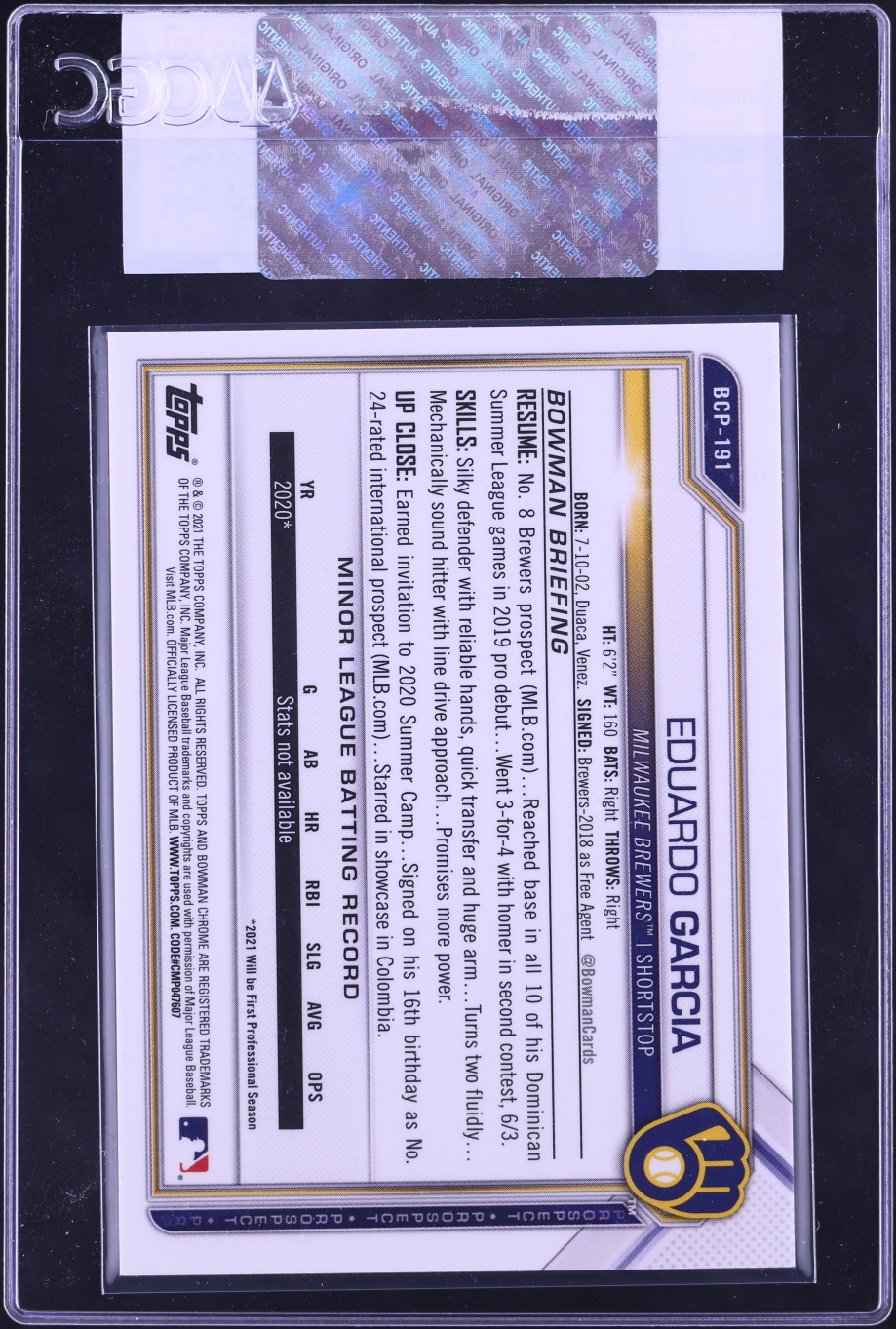 2021 Bowman Chrome Gold Refractor Eduardo Garcia PROSPECT /50 #BCP-191 CGC AUTH