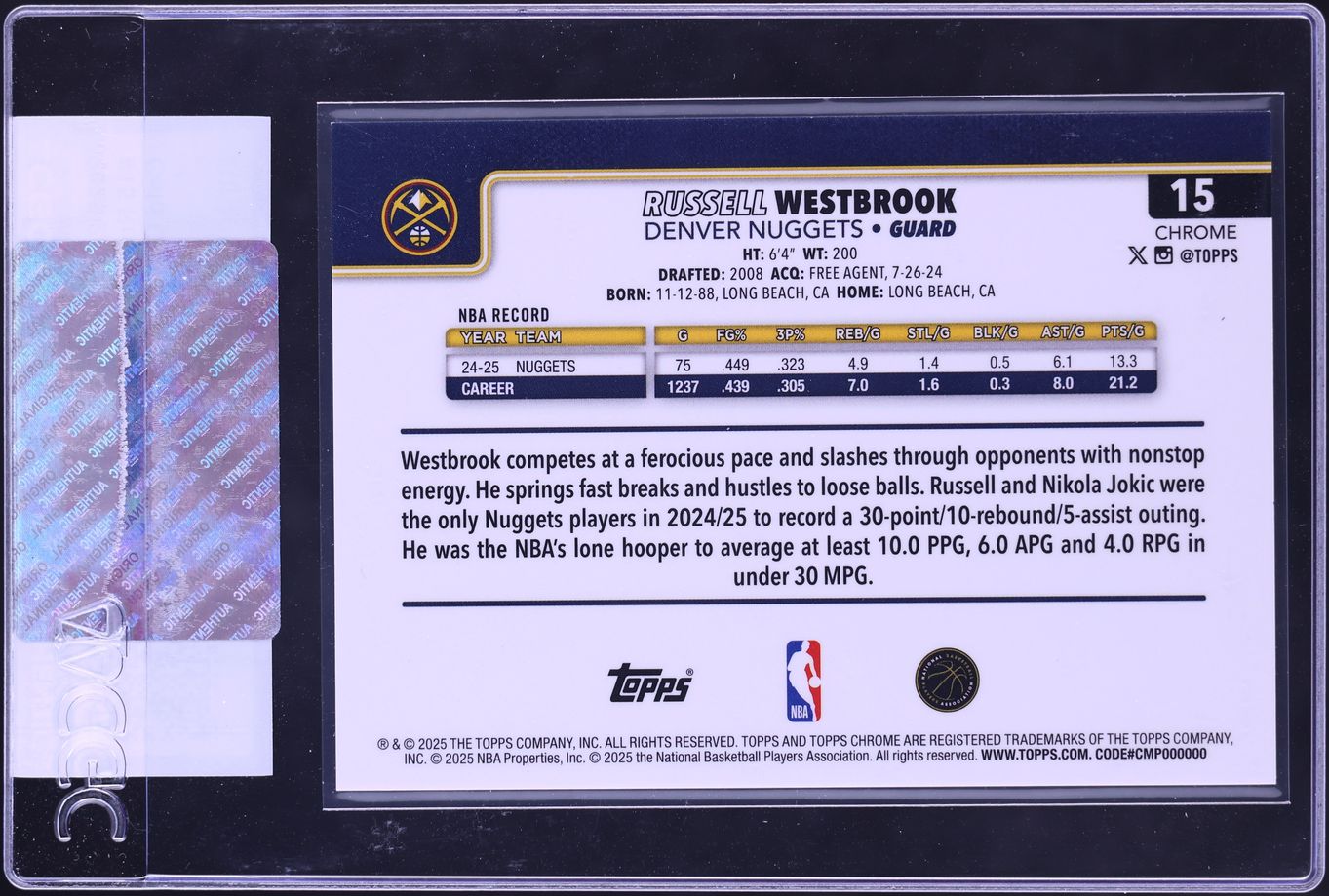 2025 Topps Chrome Gold Geometric Refractor Russell Westbrook /50 #15 CGC AUTH