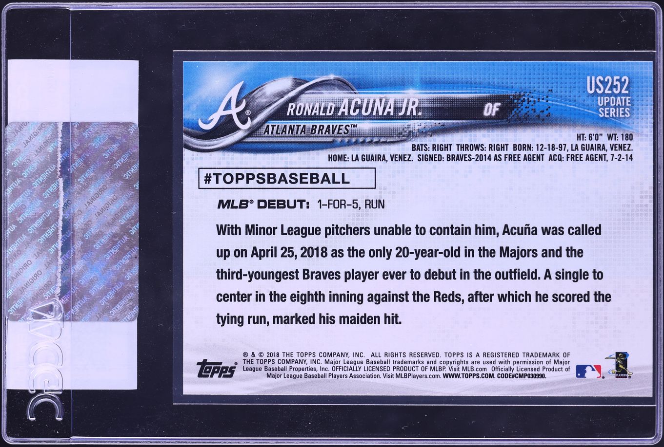2018 Topps Update Ronald Acuna Jr. ROOKIE #US252 CGC AUTH