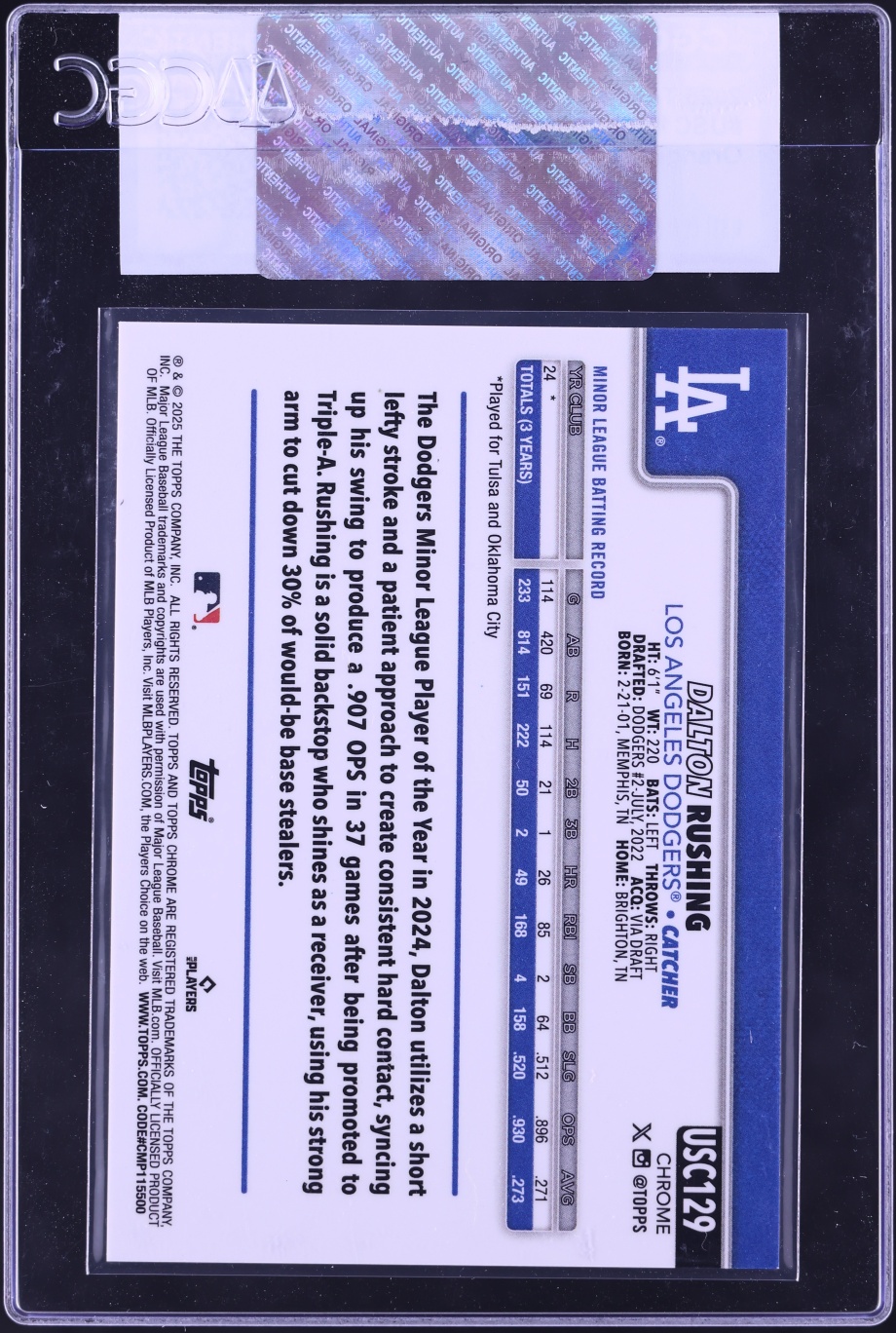2025 Topps Chrome Update Orange Wave Refractor Dalton Rushing ROOKIE /25 #USC129 CGC AUTH
