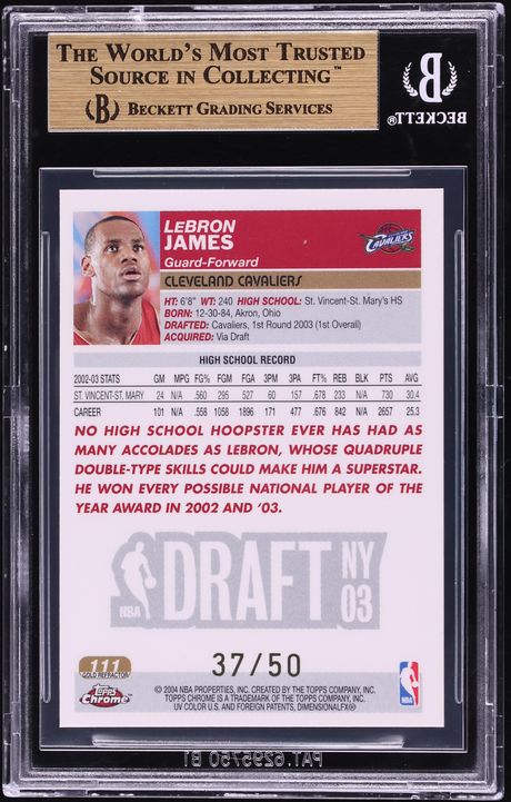 2003 Topps Chrome Gold Refractor LeBron James ROOKIE /50 #111 BGS 9.5 GEM MINT