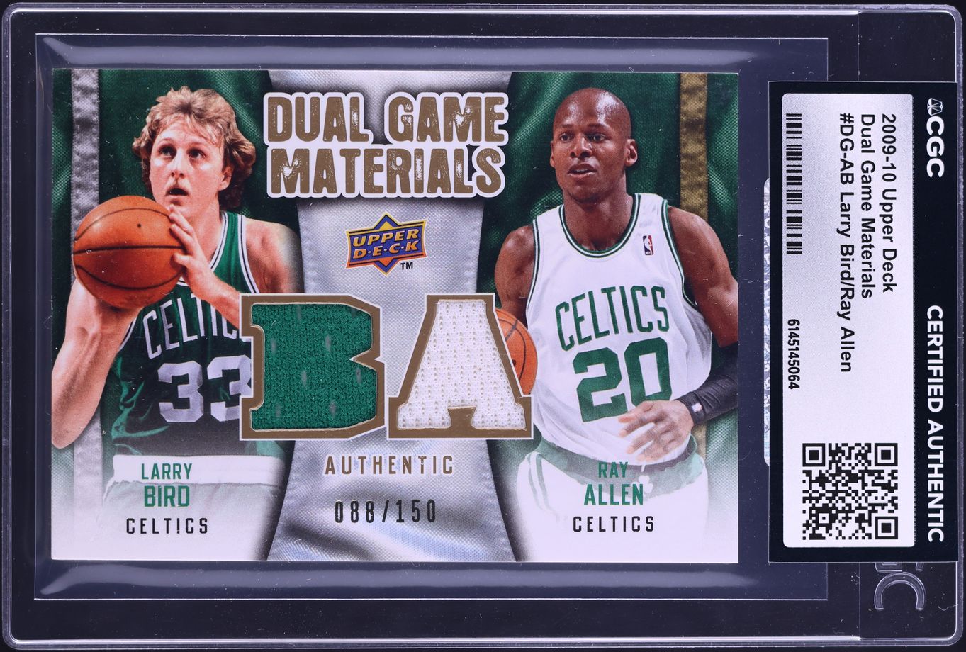 2009 Upper Deck Dual Game Materials Larry Bird Ray Allen PATCH /150 #DG-AB CGC AUTH