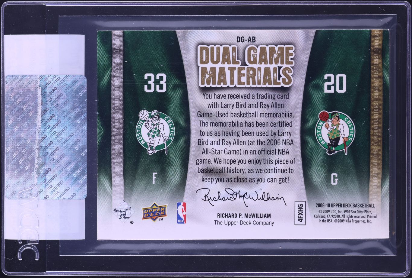2009 Upper Deck Dual Game Materials Larry Bird Ray Allen PATCH /150 #DG-AB CGC AUTH