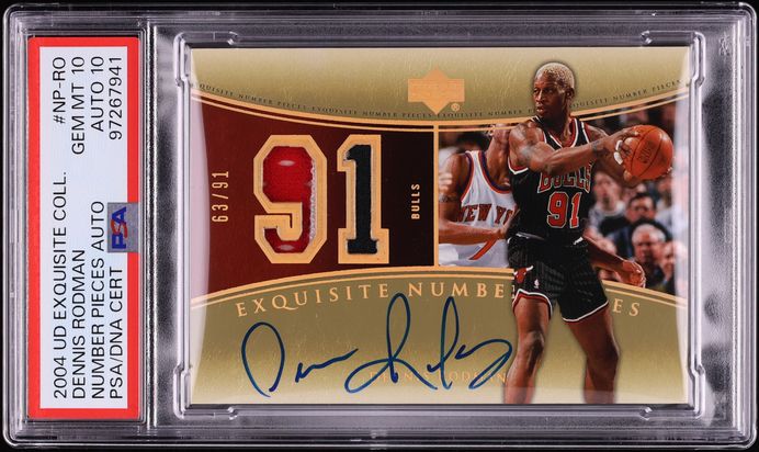 2004 Exquisite Collection Number Pieces Dennis Rodman PATCH AUTO DNA 10 /91 #NP-RO PSA 10 GEM