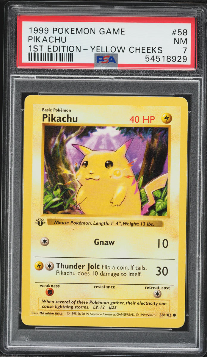 1999 Pokemon Base Set Shadowless 1st Edition Yellow Cheeks Pikachu #58 PSA 7 NRMT
