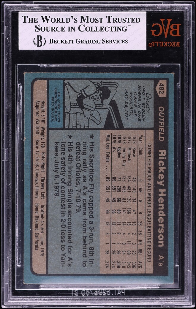 1980 Topps Rickey Henderson ROOKIE #482 BVG 7 NRMT