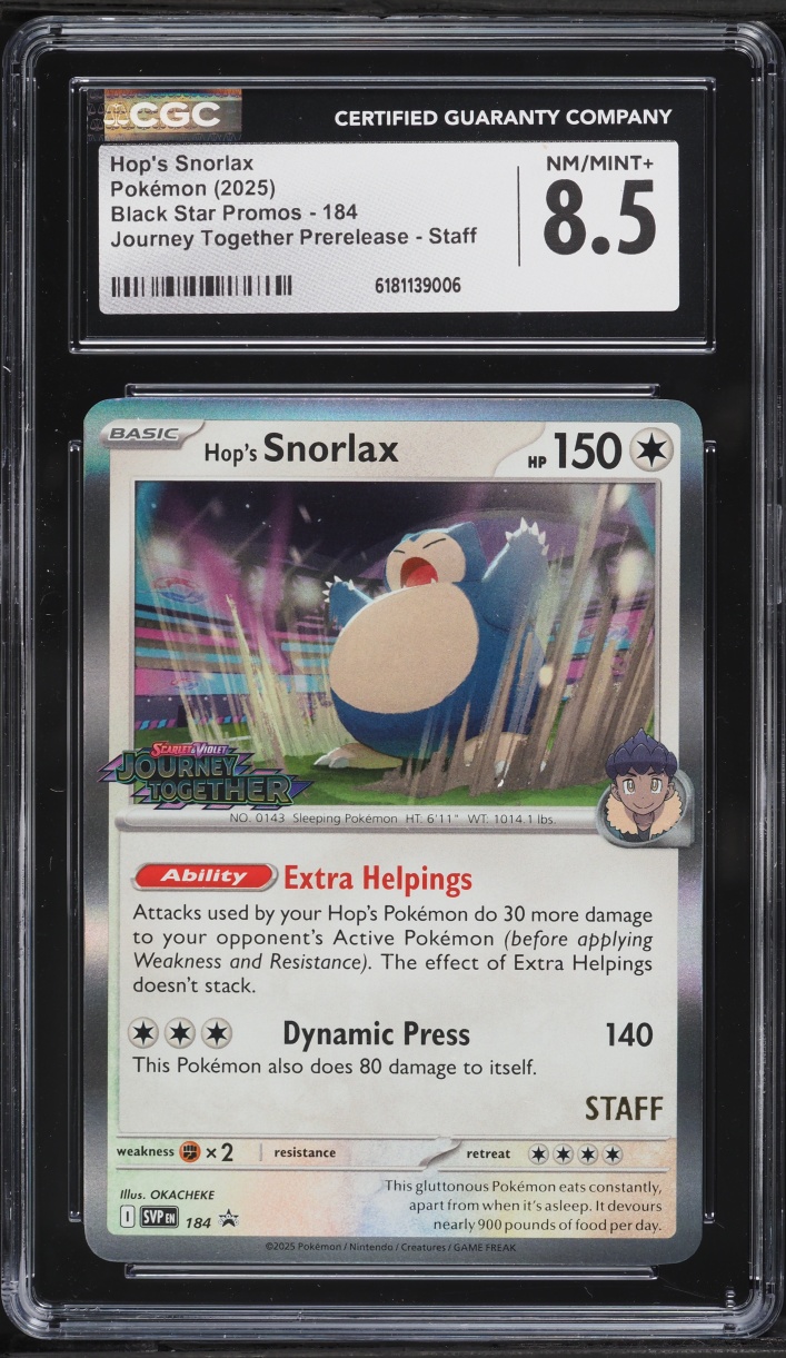 2025 Pokemon SV Promo Journey Together Prerelease Staff Hop's Snorlax #184 CGC 8.5 NM-MT+