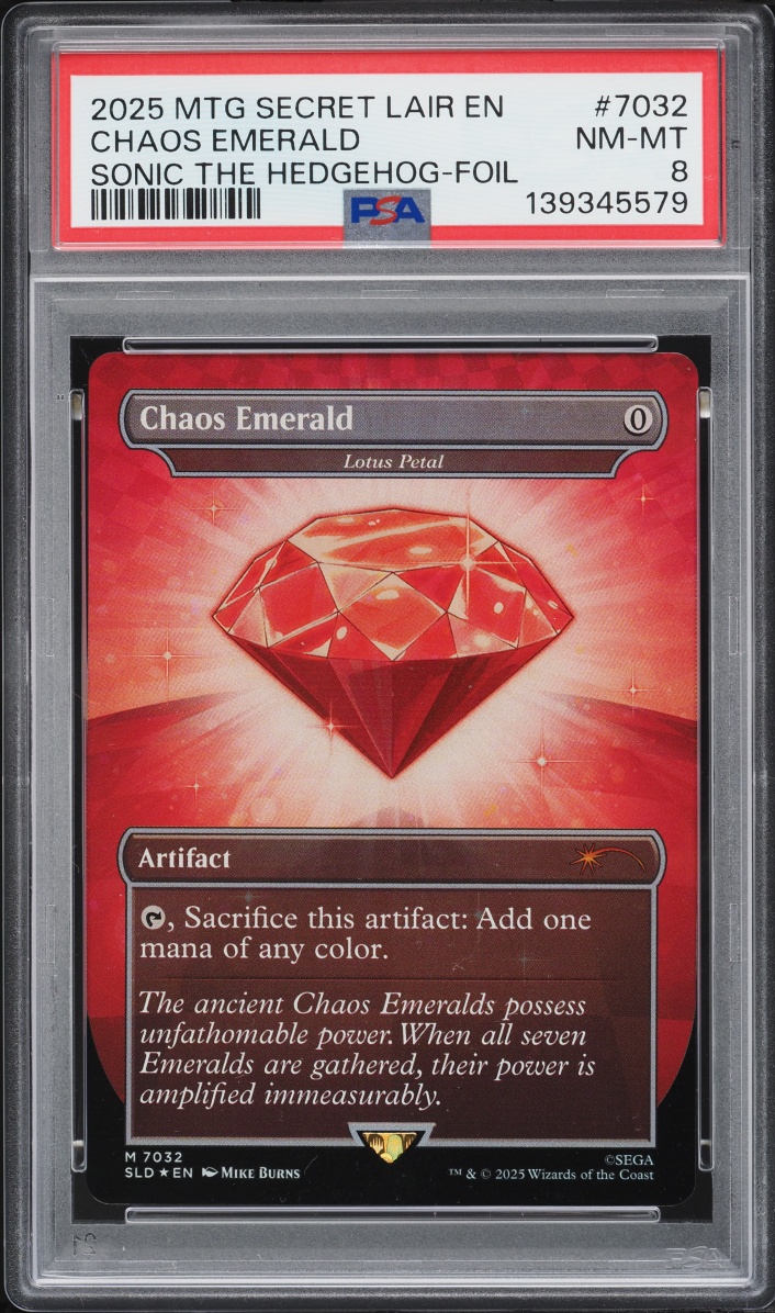 2025 Magic The Gathering MTG Secret Lair Drop Sonic Hedgehog Foil Chaos Emerald #7032 PSA 8