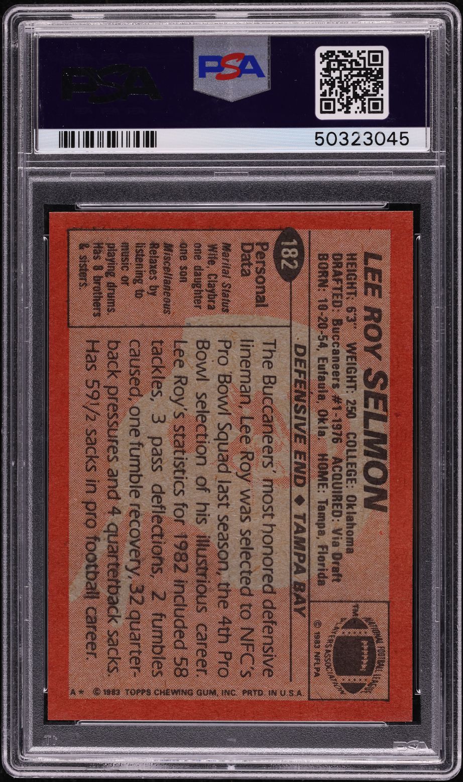 1983 Topps Football Lee Roy Selmon #182 PSA 10 GEM MINT