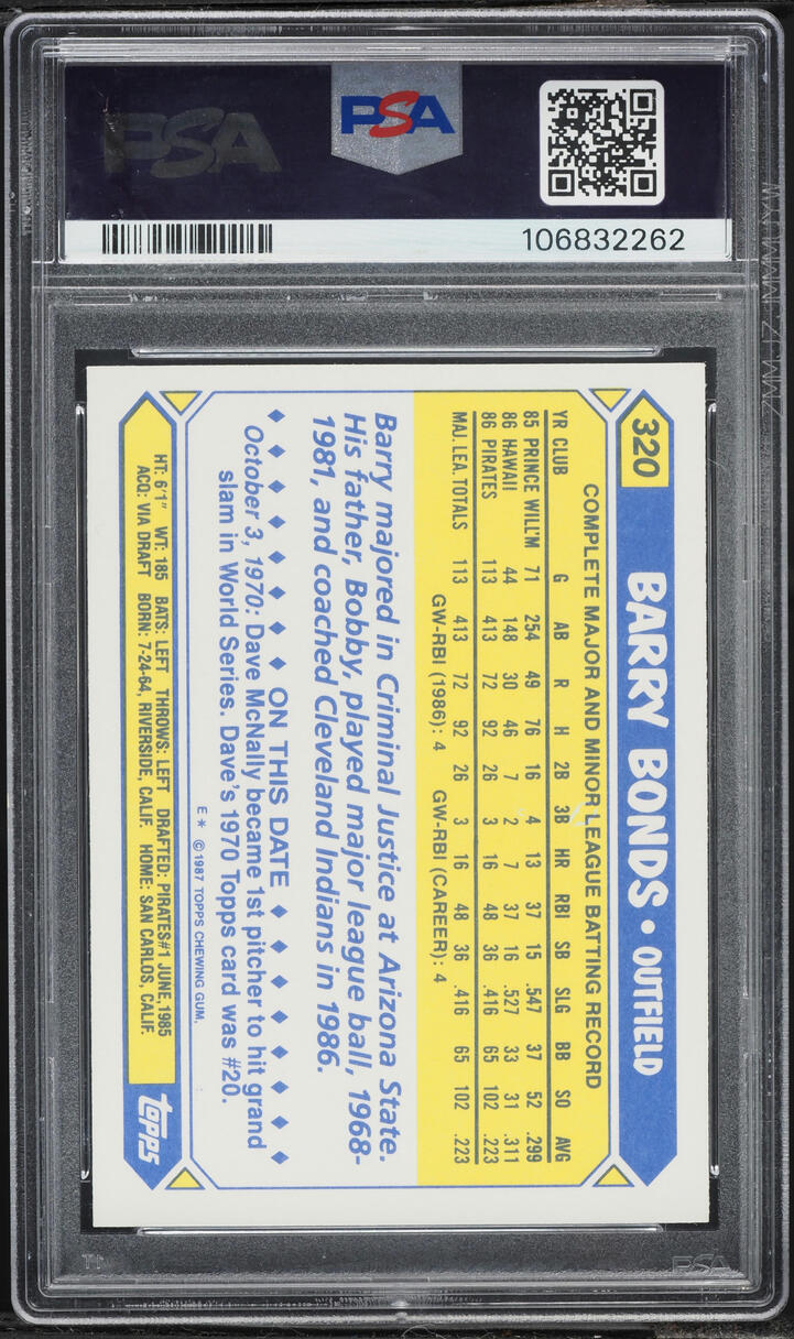 1987 Topps Tiffany Barry Bonds ROOKIE #320 PSA 10 GEM MINT