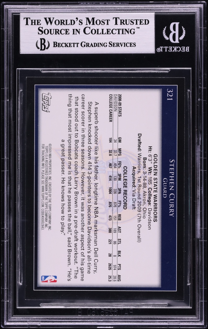 2009 Topps Basketball Stephen Curry ROOKIE #321 BGS 9 MINT