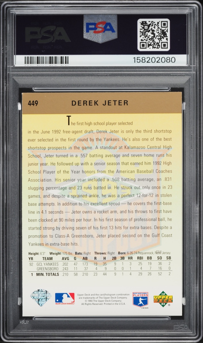 1993 Upper Deck Derek Jeter ROOKIE #449 PSA 6 EXMT