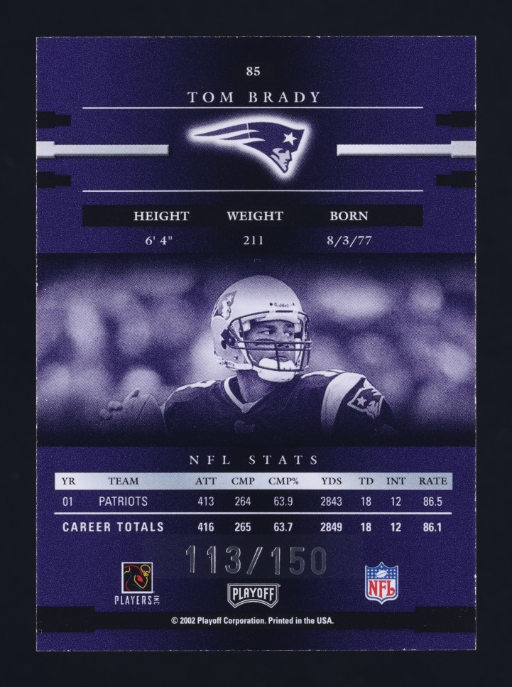 2002 Playoff Prestige Xtra Points Purple Tom Brady /150 #85 MBA AUTH