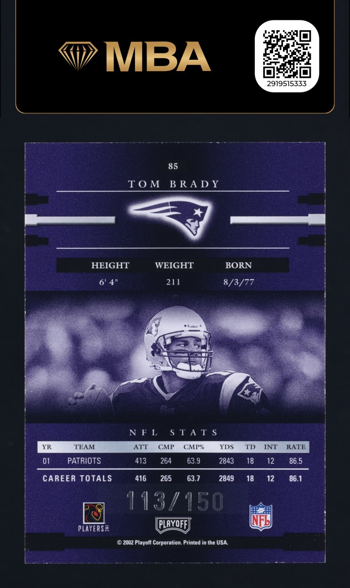 2002 Playoff Prestige Xtra Points Purple Tom Brady /150 #85 MBA AUTH